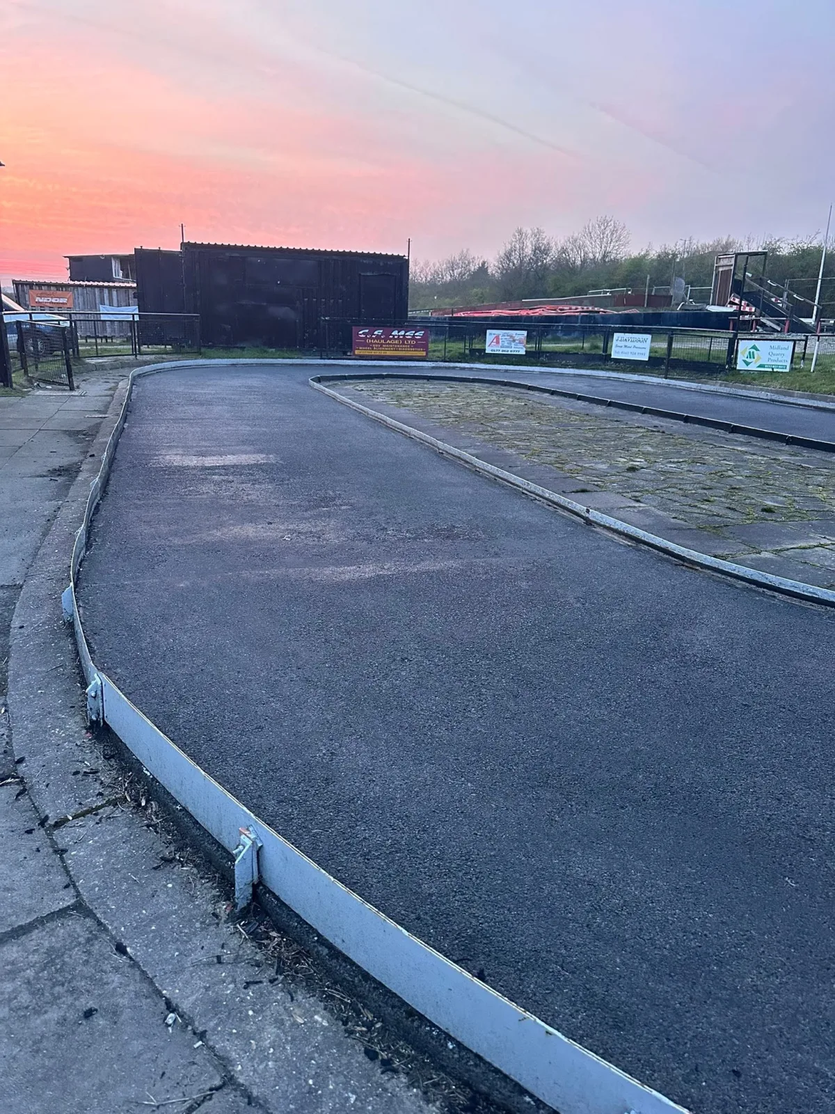 The paved oval at Notts & Derby Off Road at sunset